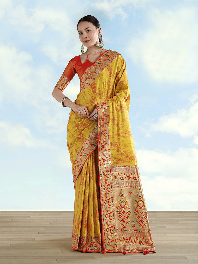 Monjolika Fashion Mustard Yellow Color Banarasi Tissue Silk Paithani Woven Saree | Grocsy