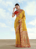 Monjolika Fashion Mustard Yellow Color Banarasi Tissue Silk Paithani Woven Saree | Grocsy