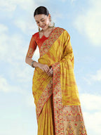 Monjolika Fashion Mustard Yellow Color Banarasi Tissue Silk Paithani Woven Saree | Grocsy