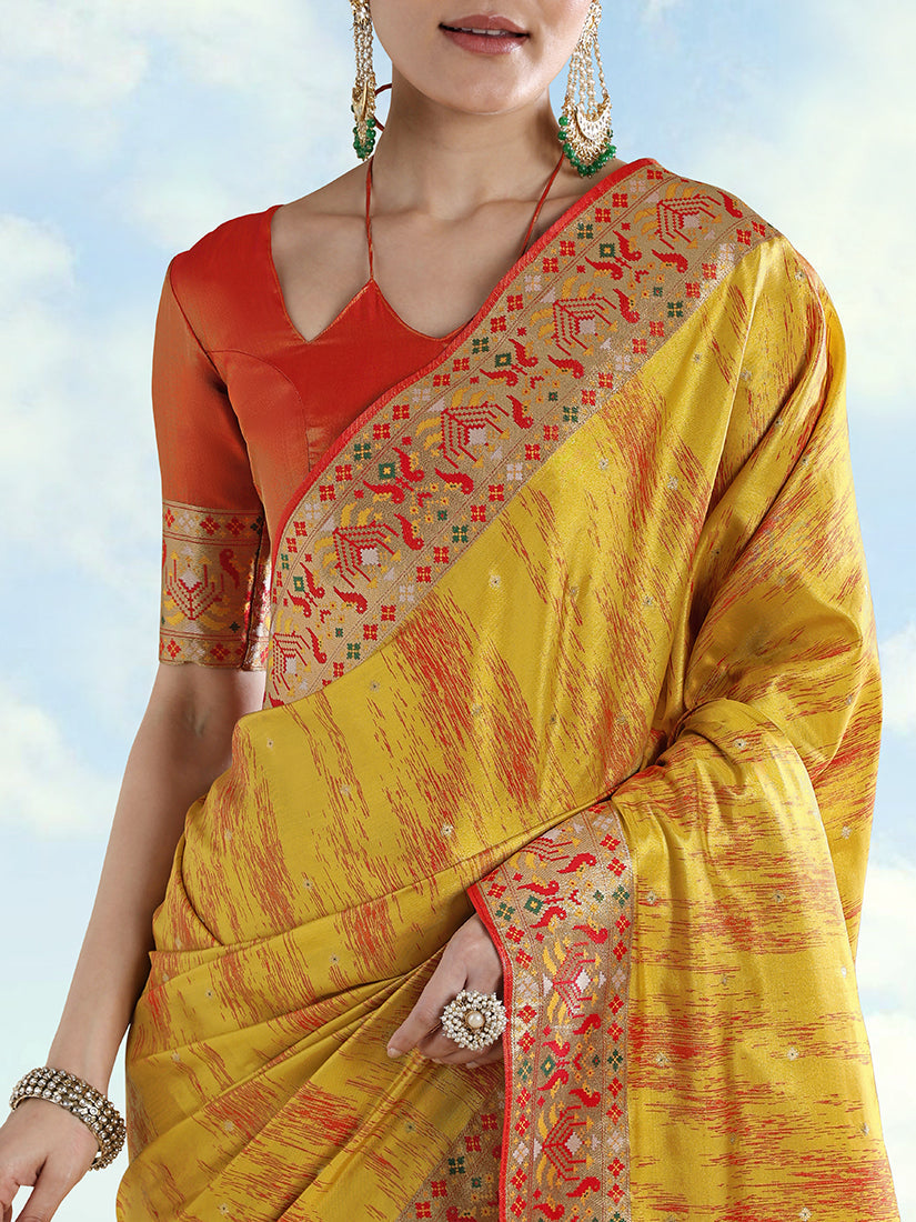 Monjolika Fashion Mustard Yellow Color Banarasi Tissue Silk Paithani Woven Saree | Grocsy