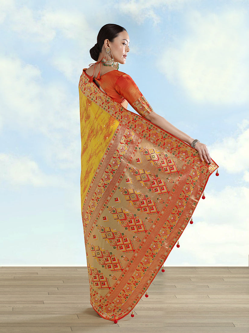 Monjolika Fashion Mustard Yellow Color Banarasi Tissue Silk Paithani Woven Saree | Grocsy