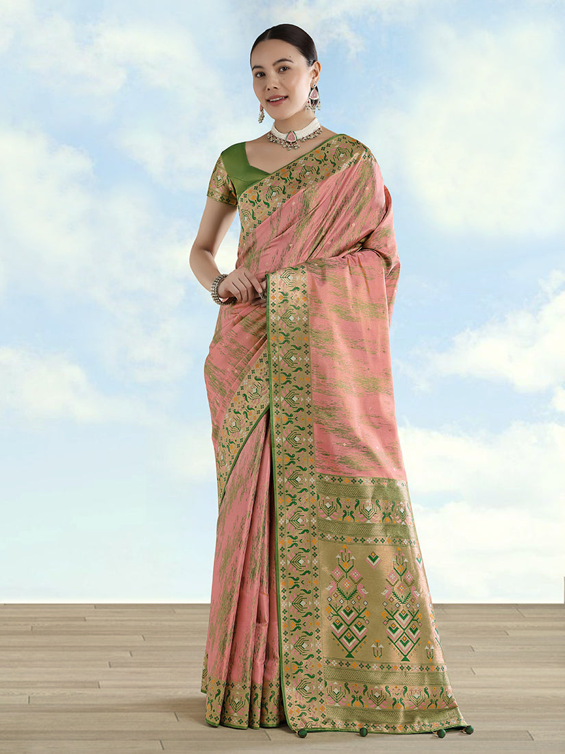 Monjolika Fashion Light Pink Color Banarasi Tissue Silk Paithani Woven Saree | Grocsy