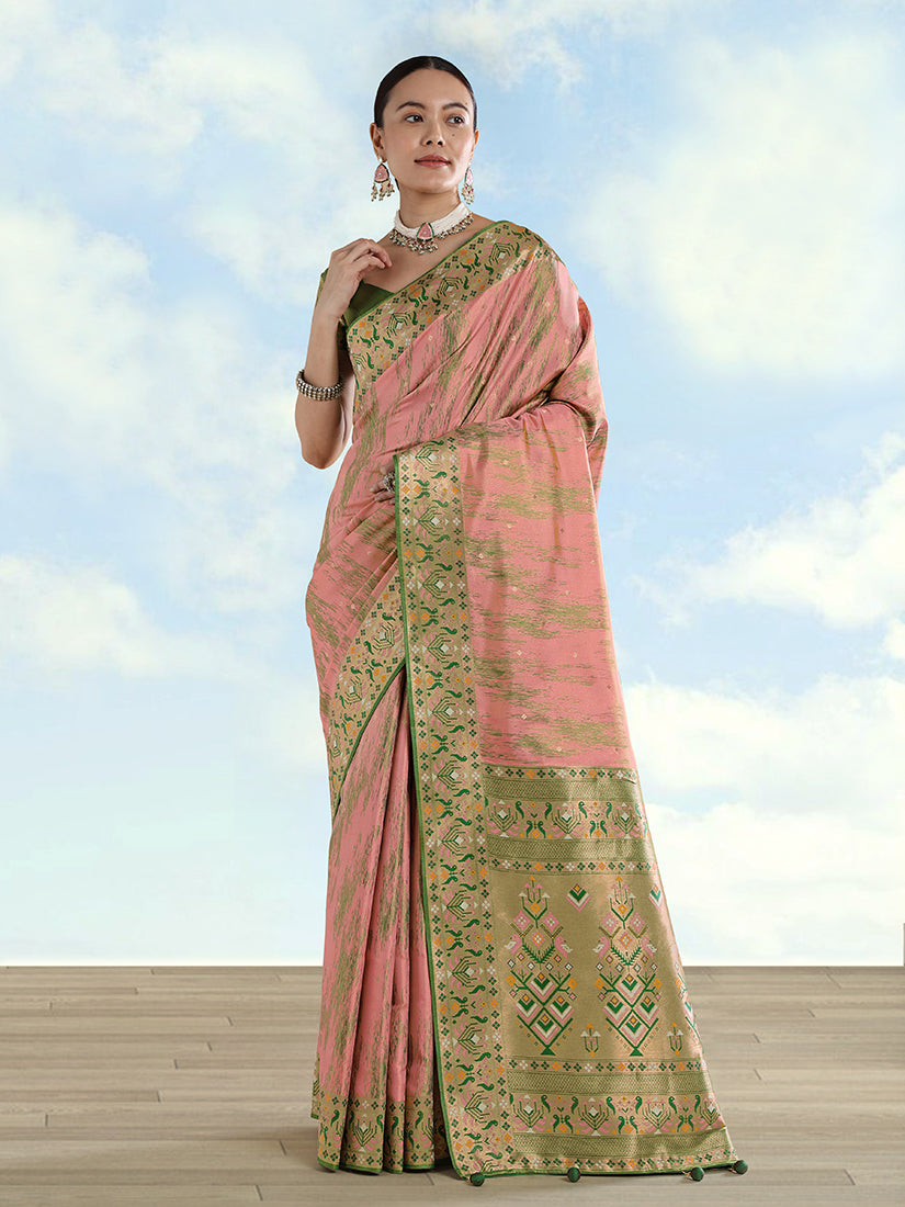 Monjolika Fashion Light Pink Color Banarasi Tissue Silk Paithani Woven Saree | Grocsy