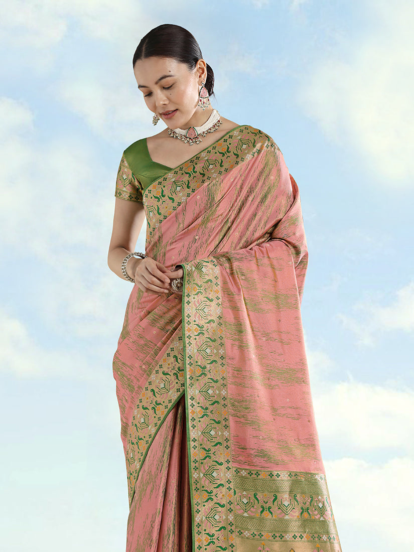 Monjolika Fashion Light Pink Color Banarasi Tissue Silk Paithani Woven Saree | Grocsy