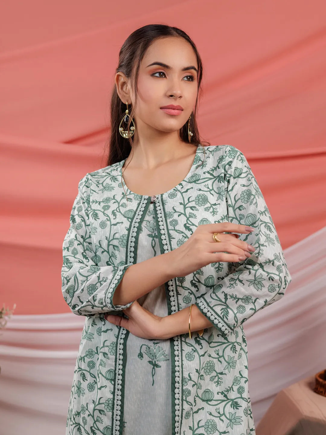 Yufta Green Floral Print Cotton A-Line Kurta Sets Add-On Jacket | Grocsy