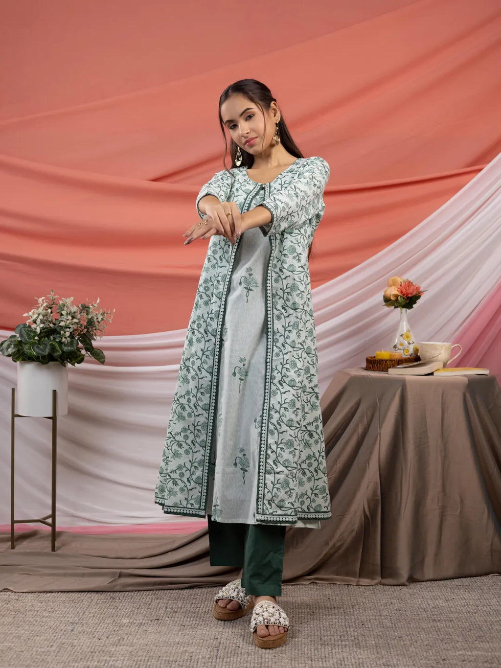 Yufta Green Floral Print Cotton A-Line Kurta Sets Add-On Jacket | Grocsy