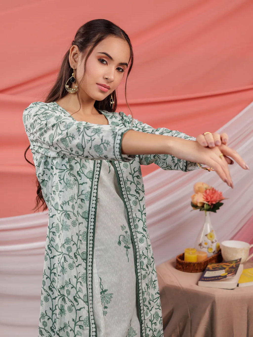 Yufta Green Floral Print Cotton A-Line Kurta Sets Add-On Jacket | Grocsy
