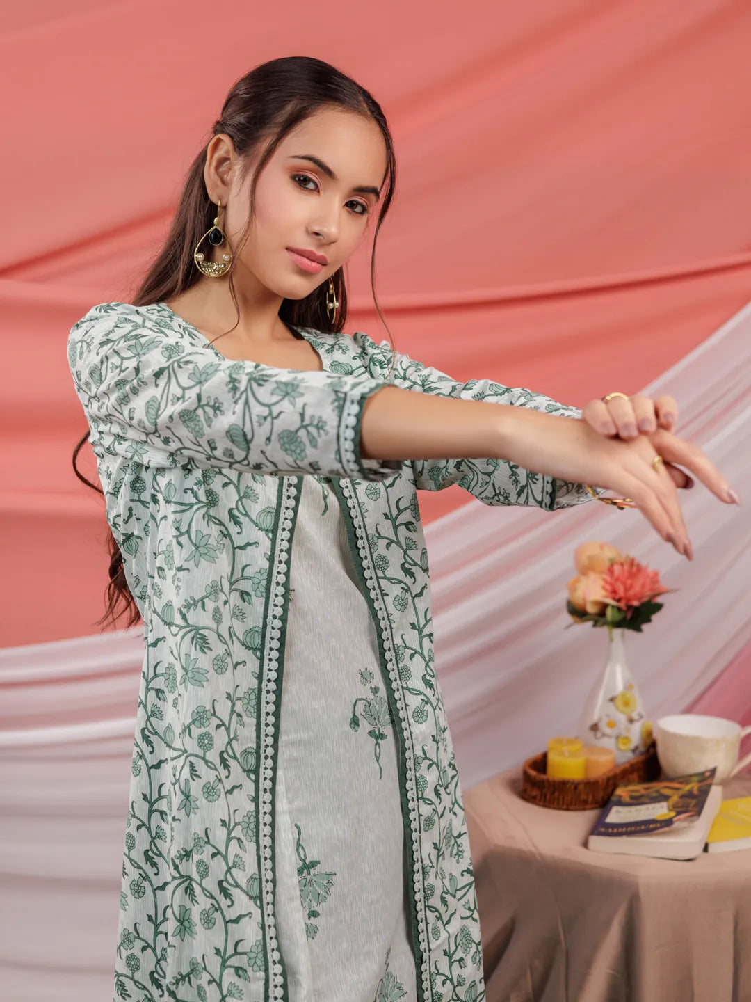 Yufta Green Floral Print Cotton A-Line Kurta Sets Add-On Jacket | Grocsy