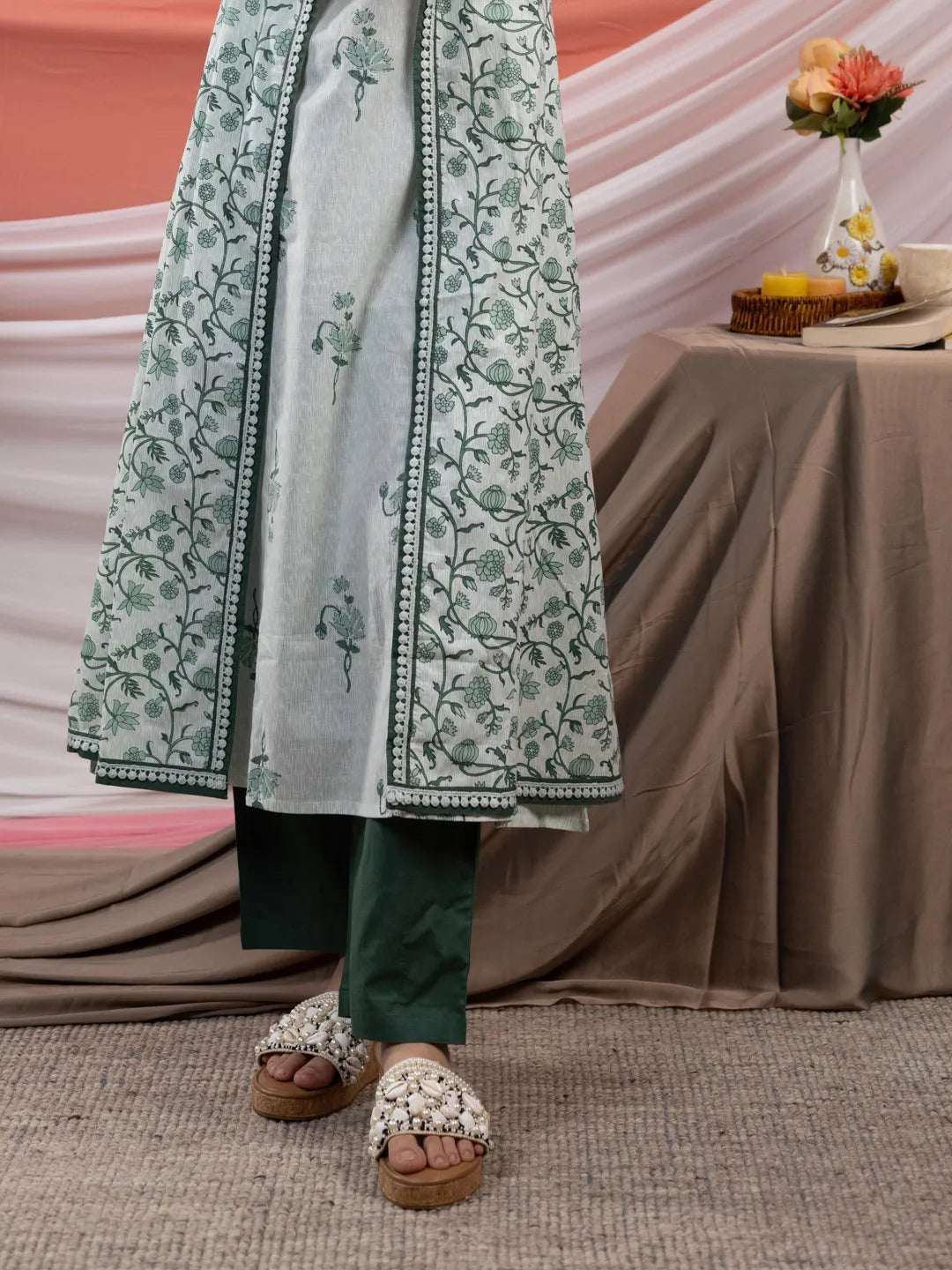 Yufta Green Floral Print Cotton A-Line Kurta Sets Add-On Jacket | Grocsy