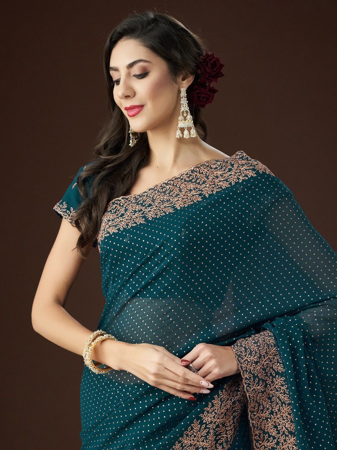 kasee Floral Embroidered Embellished Saree | Grocsy