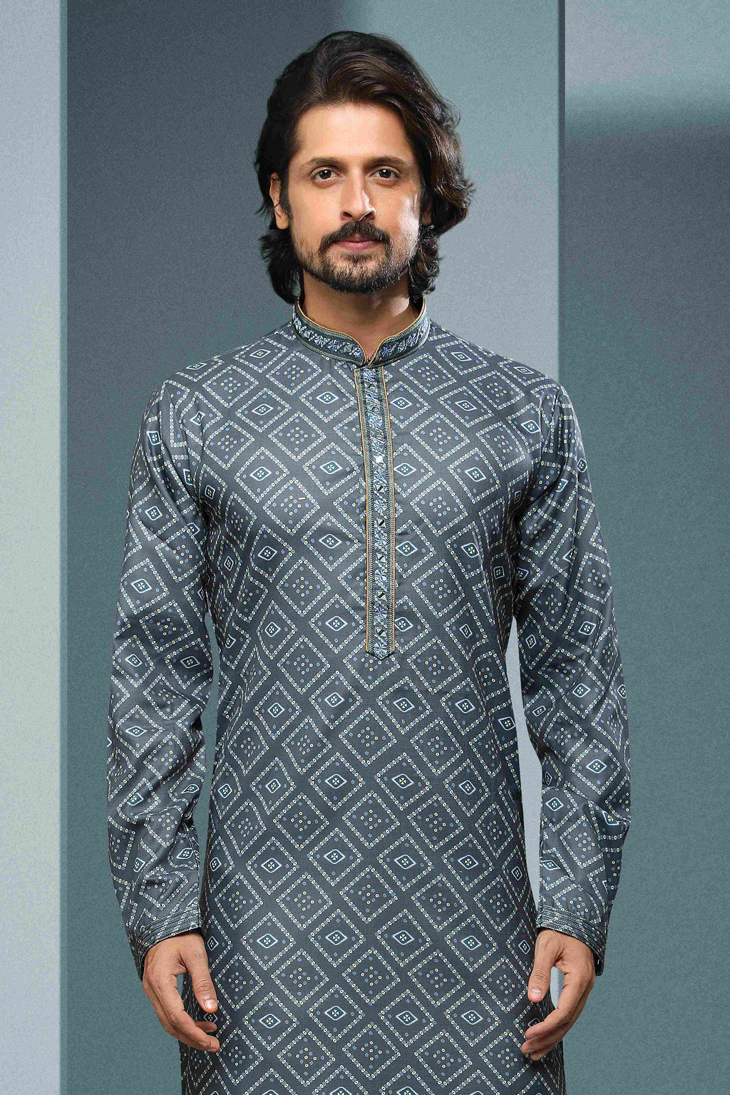 Raivat Ethnic Cotton Digital Print Mirror Work Kurta Pajama In Grey Colour | Grocsy