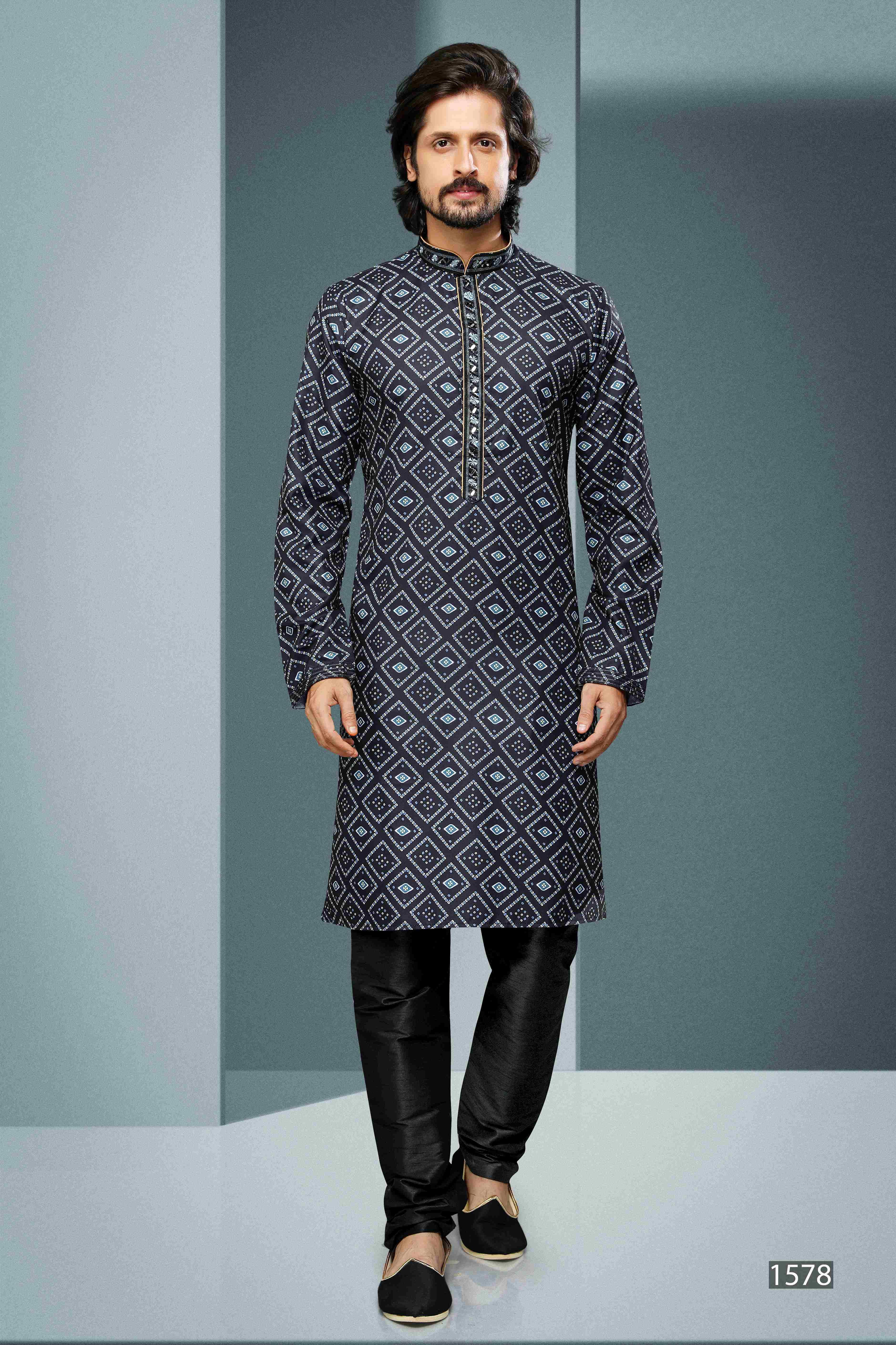 Raivat Ethnic Cotton Digital Print Mirror Work Kurta Pajama In Black Colour | Grocsy