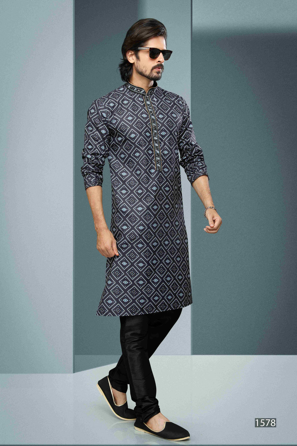 Raivat Ethnic Cotton Digital Print Mirror Work Kurta Pajama In Black Colour | Grocsy
