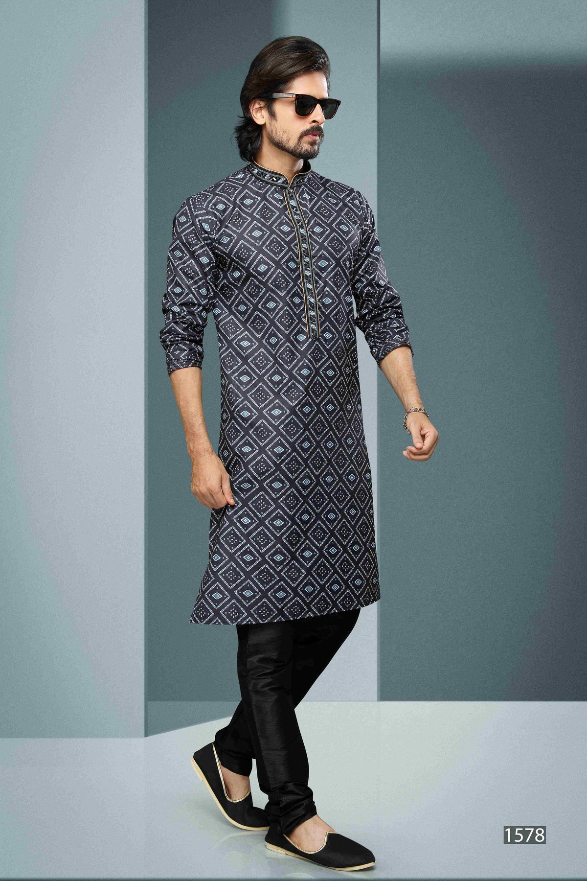 Raivat Ethnic Cotton Digital Print Mirror Work Kurta Pajama In Black Colour | Grocsy