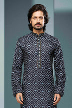 Raivat Ethnic Cotton Digital Print Mirror Work Kurta Pajama In Black Colour | Grocsy