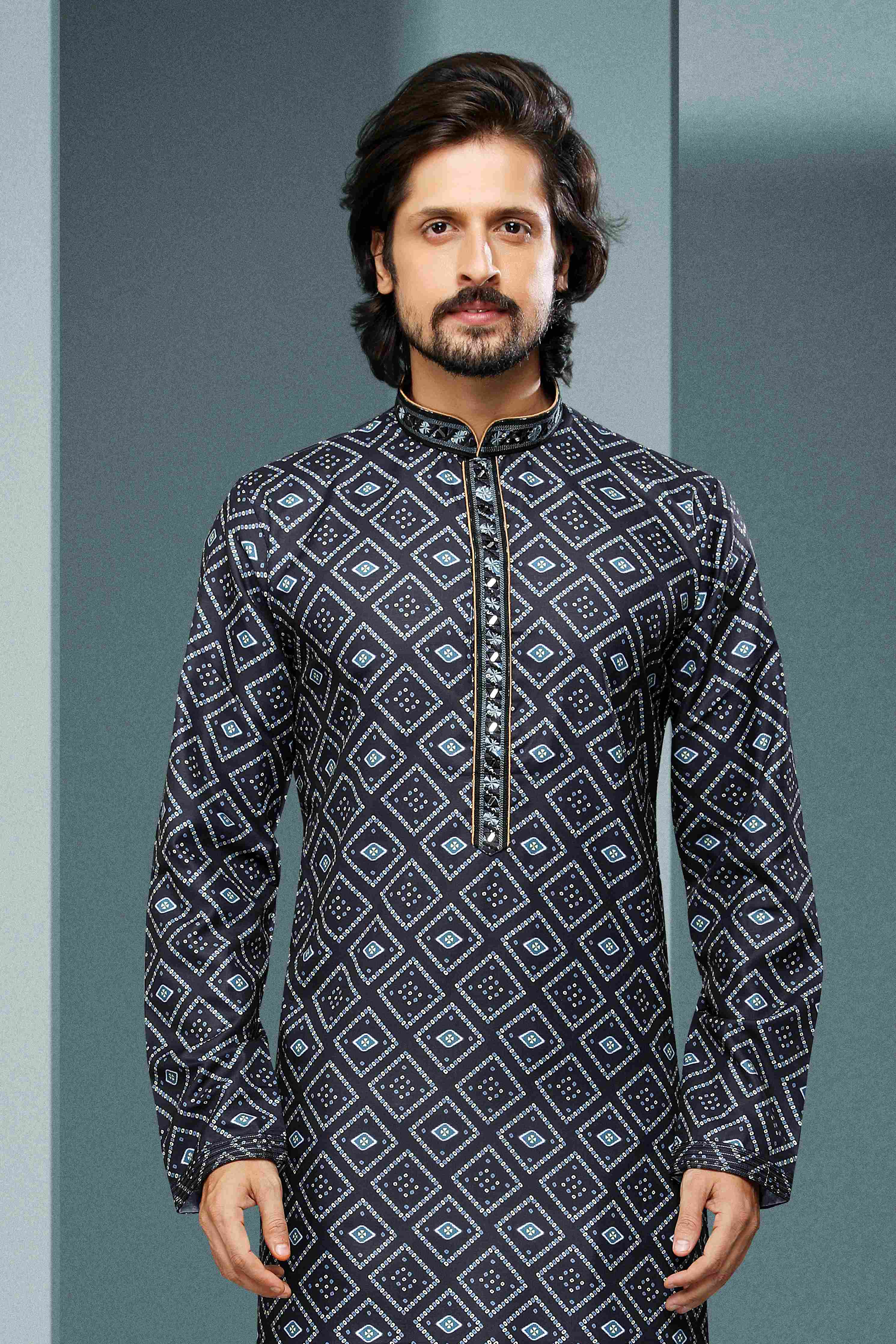Raivat Ethnic Cotton Digital Print Mirror Work Kurta Pajama In Black Colour | Grocsy