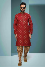 Raivat Ethnic Cotton Digital Print Pintux Work Kurta Pajama In Maroon Colour | Grocsy