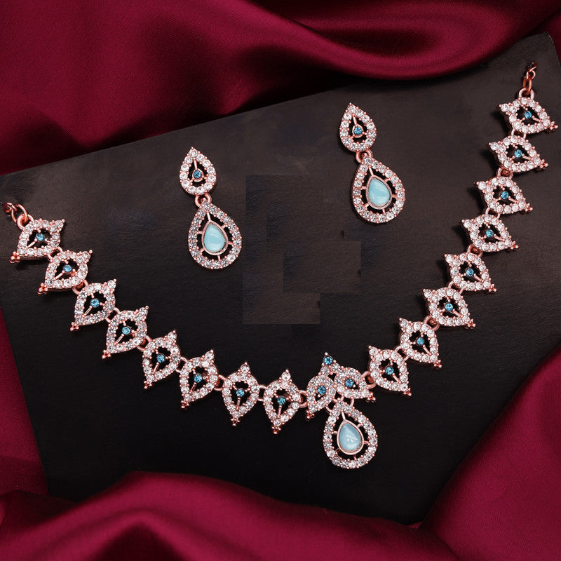 Tehzeeb Creations Sky Blue Colour Ad Studded Necklace Jewellery Set With Matching Earrings For Women And Girls | Grocsy