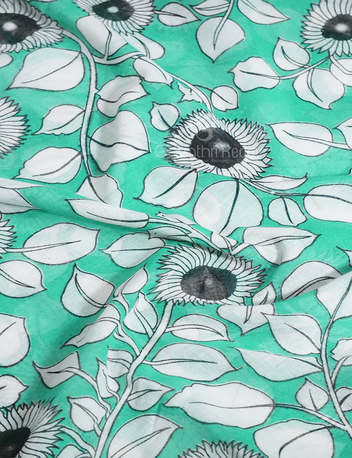 Gleaming Sea Green Kalamkari Cotton Linen Printed Saree By Gayathri Reddy Designer Studio | Grocsy