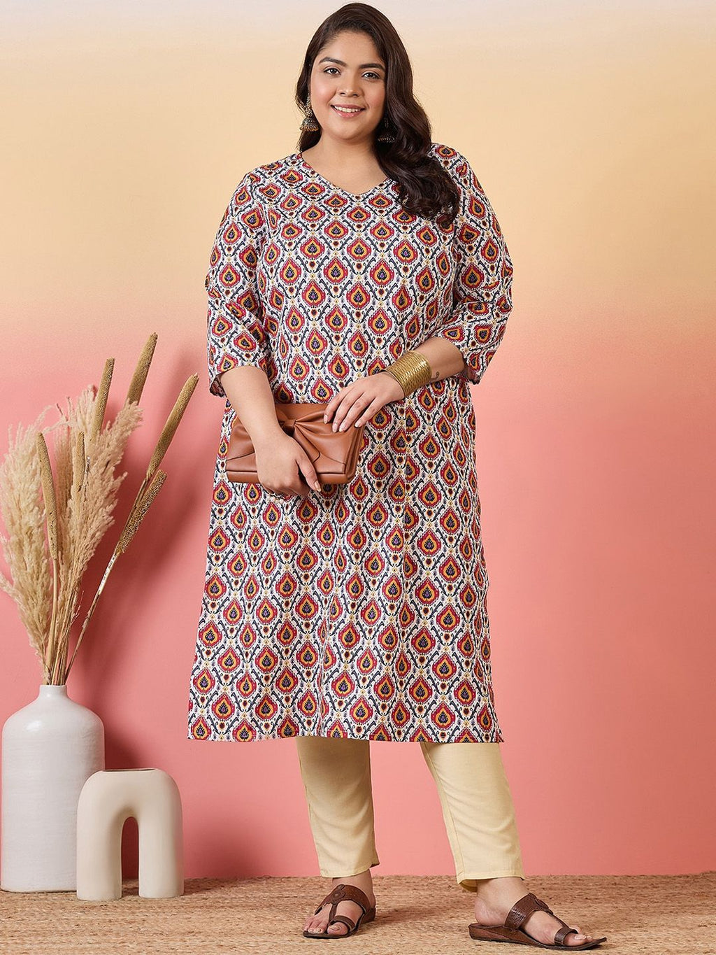 Sztori Plus Size Ethnic Motifs Printed V-Neck Crepe Straight Kurta | Grocsy