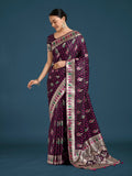 Monjolika Fashion Wine With Gold Bordar Banarasi Zari Woven Satin Saree | Grocsy