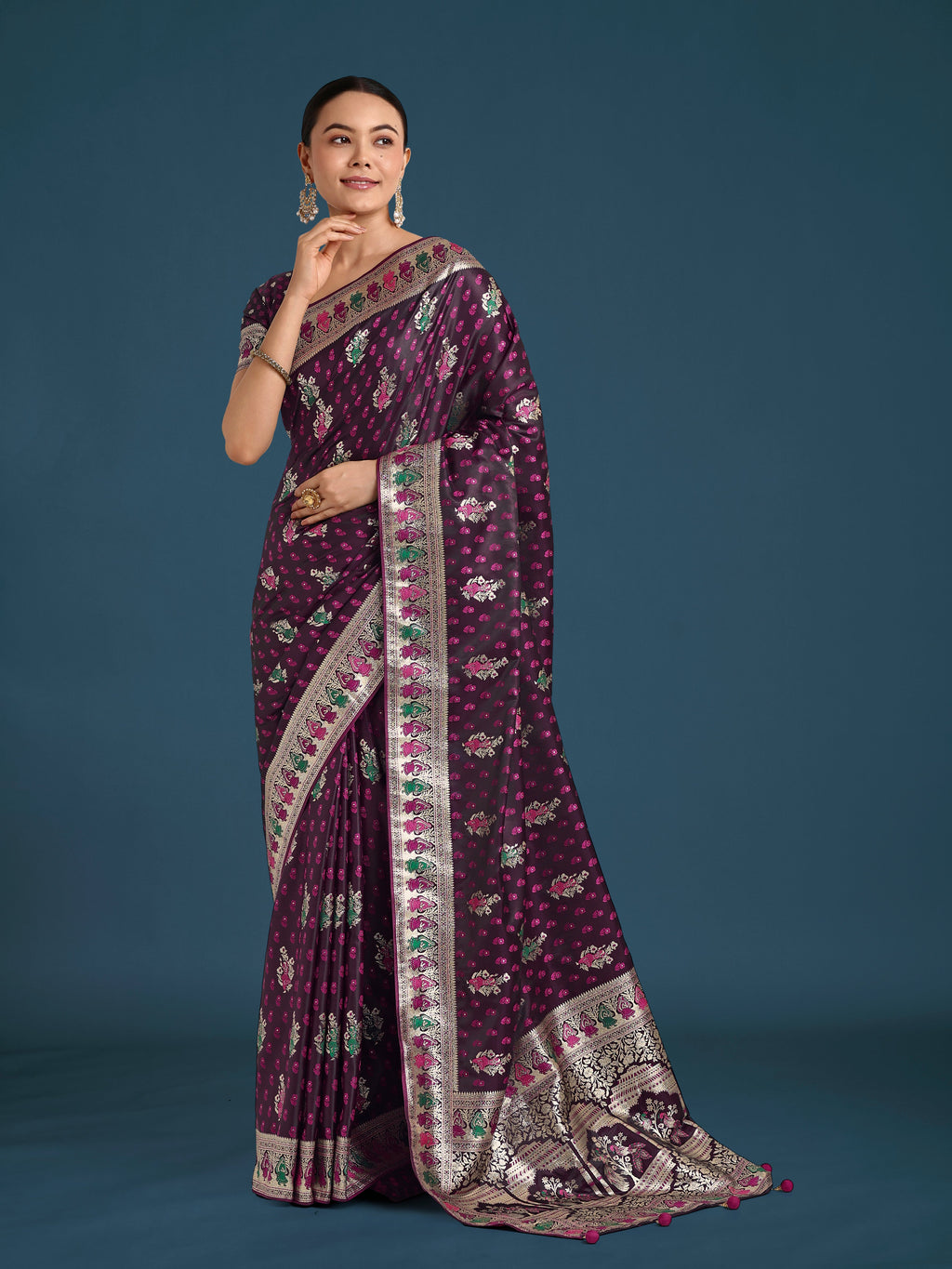 Monjolika Fashion Wine With Gold Bordar Banarasi Zari Woven Satin Saree | Grocsy