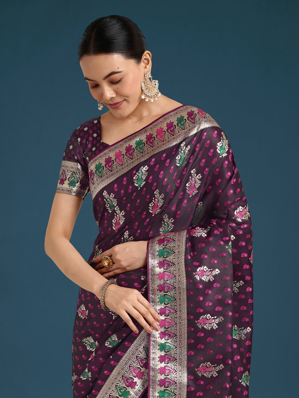 Monjolika Fashion Wine With Gold Bordar Banarasi Zari Woven Satin Saree | Grocsy