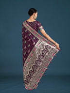 Monjolika Fashion Wine With Gold Bordar Banarasi Zari Woven Satin Saree | Grocsy