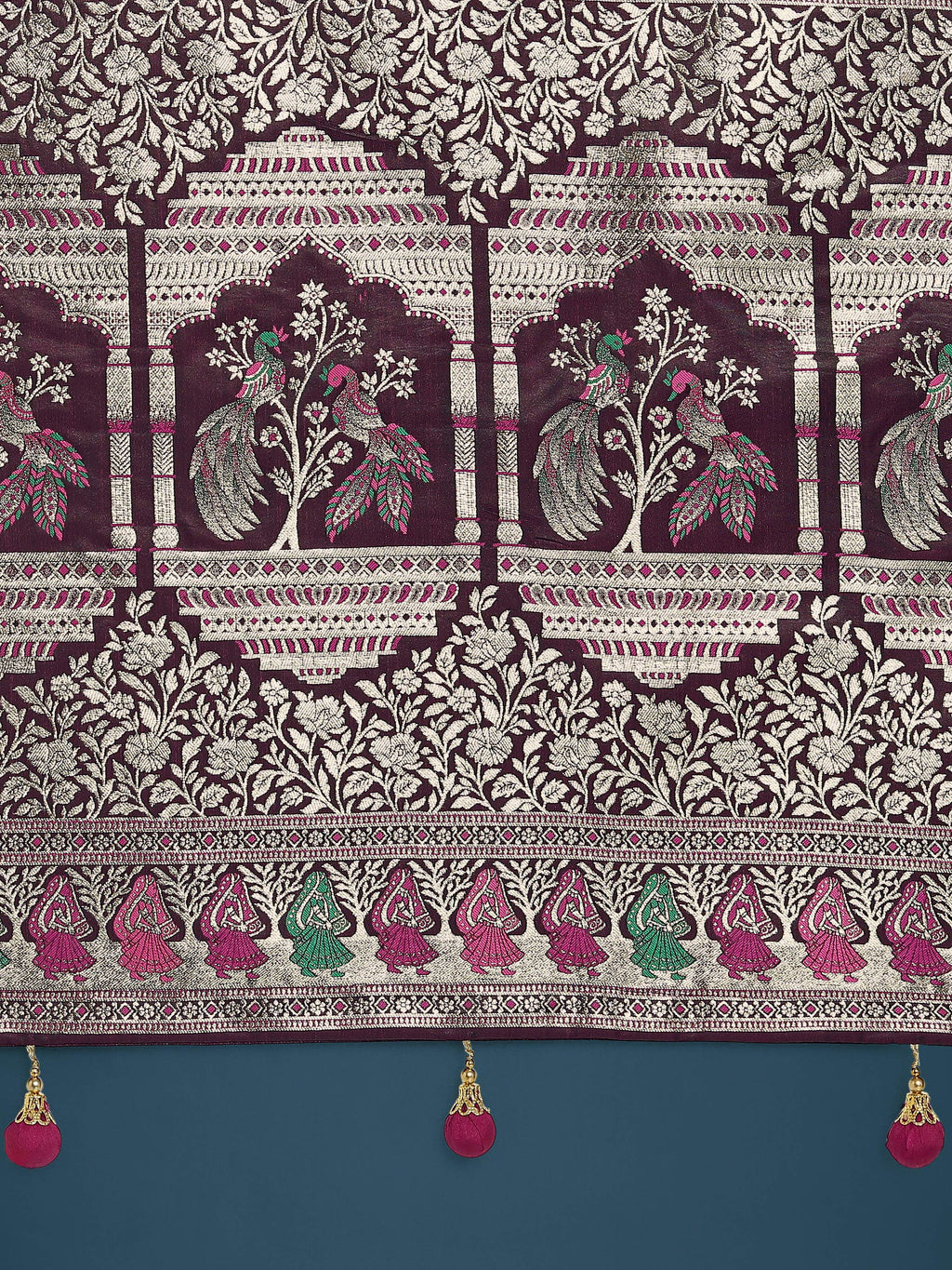 Monjolika Fashion Wine With Gold Bordar Banarasi Zari Woven Satin Saree | Grocsy