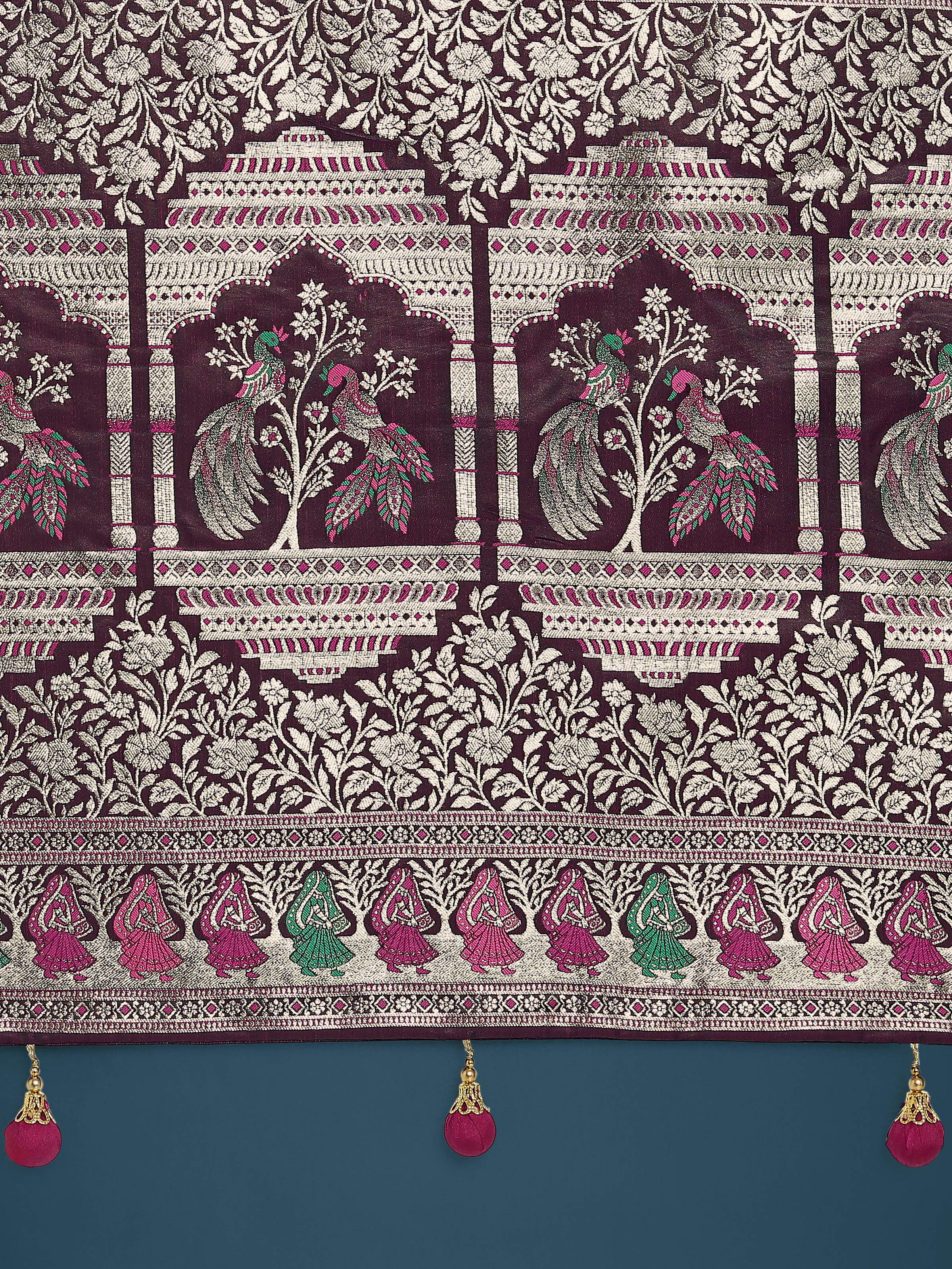 Monjolika Fashion Wine With Gold Bordar Banarasi Zari Woven Satin Saree | Grocsy