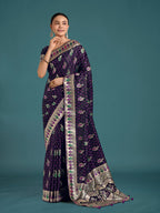 Monjolika Fashion Purple With Gold Bordar Banarasi Zari Woven Satin Saree | Grocsy