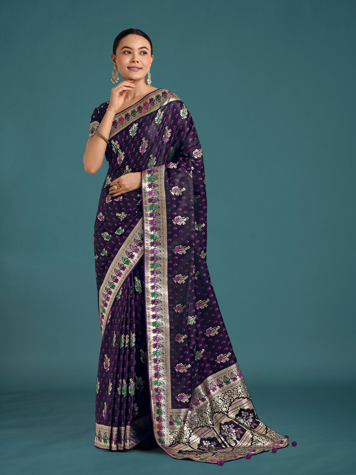 Monjolika Fashion Purple With Gold Bordar Banarasi Zari Woven Satin Saree | Grocsy