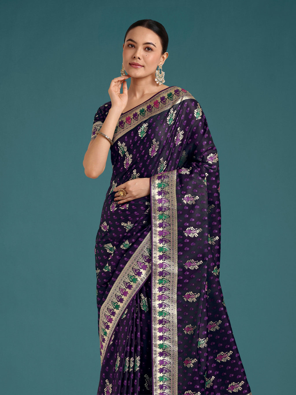 Monjolika Fashion Purple With Gold Bordar Banarasi Zari Woven Satin Saree | Grocsy