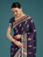 Monjolika Fashion Purple With Gold Bordar Banarasi Zari Woven Satin Saree | Grocsy
