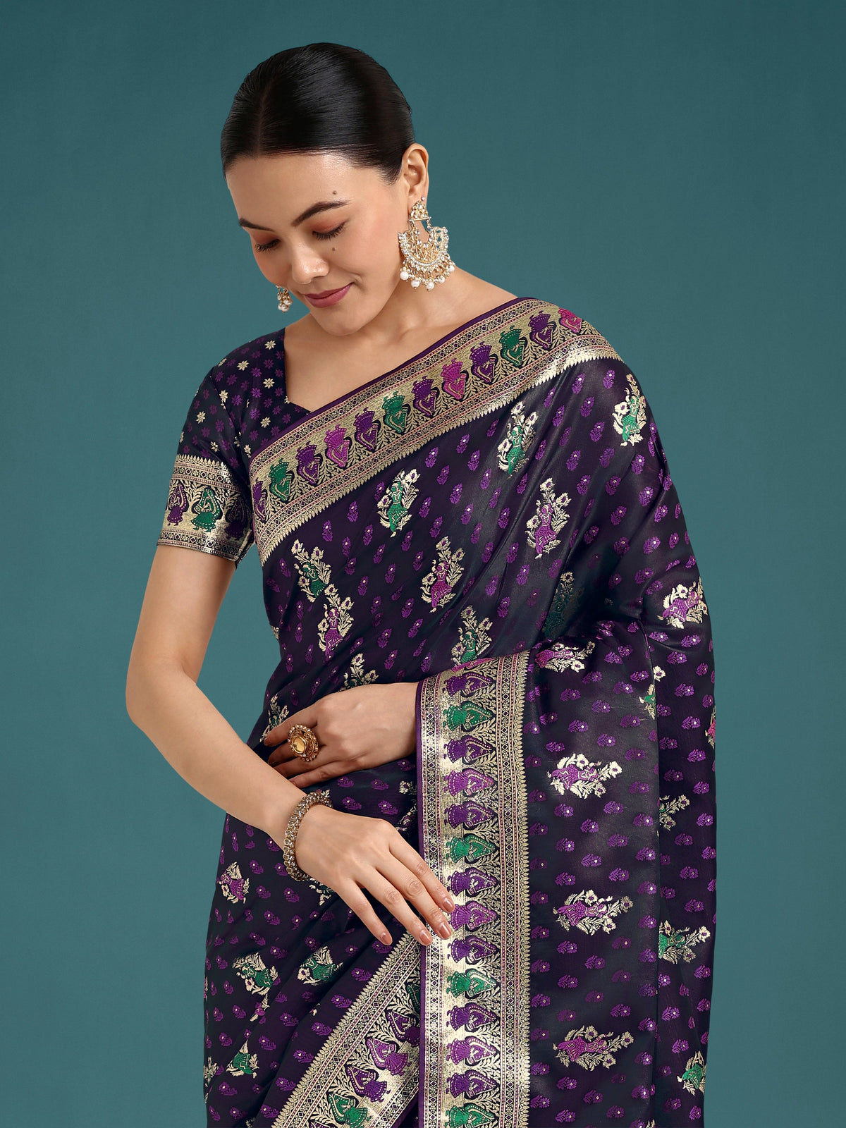Monjolika Fashion Purple With Gold Bordar Banarasi Zari Woven Satin Saree | Grocsy