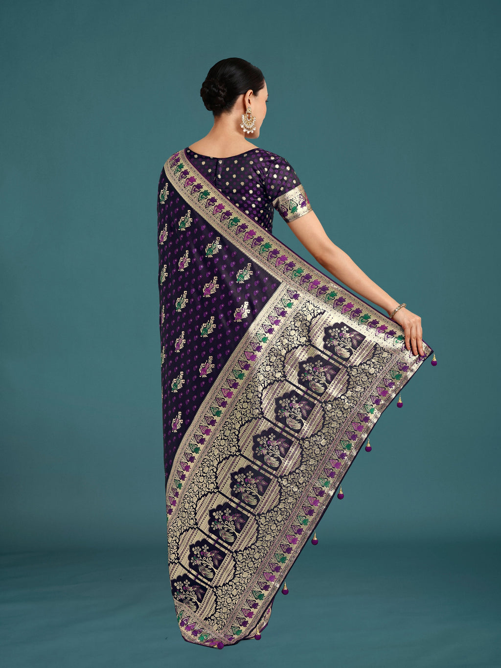 Monjolika Fashion Purple With Gold Bordar Banarasi Zari Woven Satin Saree | Grocsy