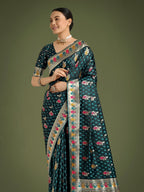 Monjolika Fashion Teal With Gold Bordar Banarasi Zari Woven Satin Saree | Grocsy