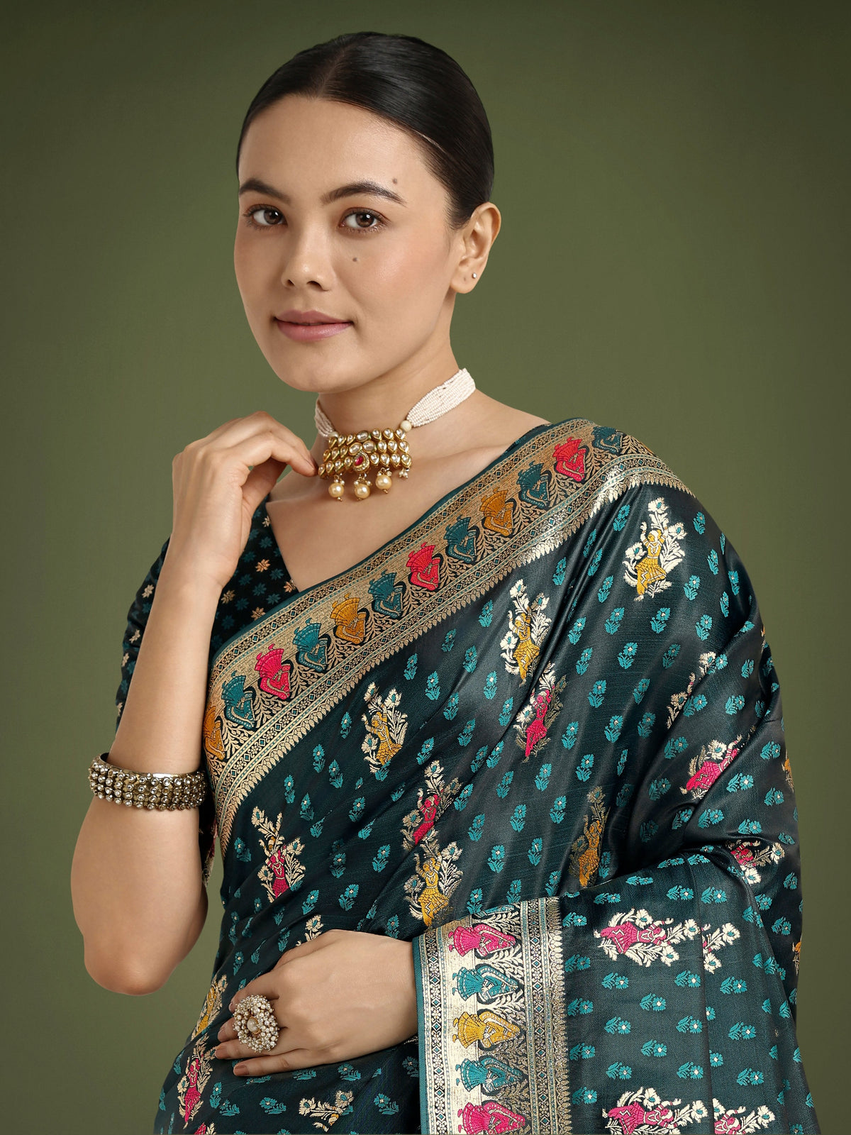 Monjolika Fashion Teal With Gold Bordar Banarasi Zari Woven Satin Saree | Grocsy