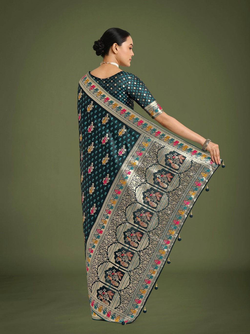Monjolika Fashion Teal With Gold Bordar Banarasi Zari Woven Satin Saree | Grocsy