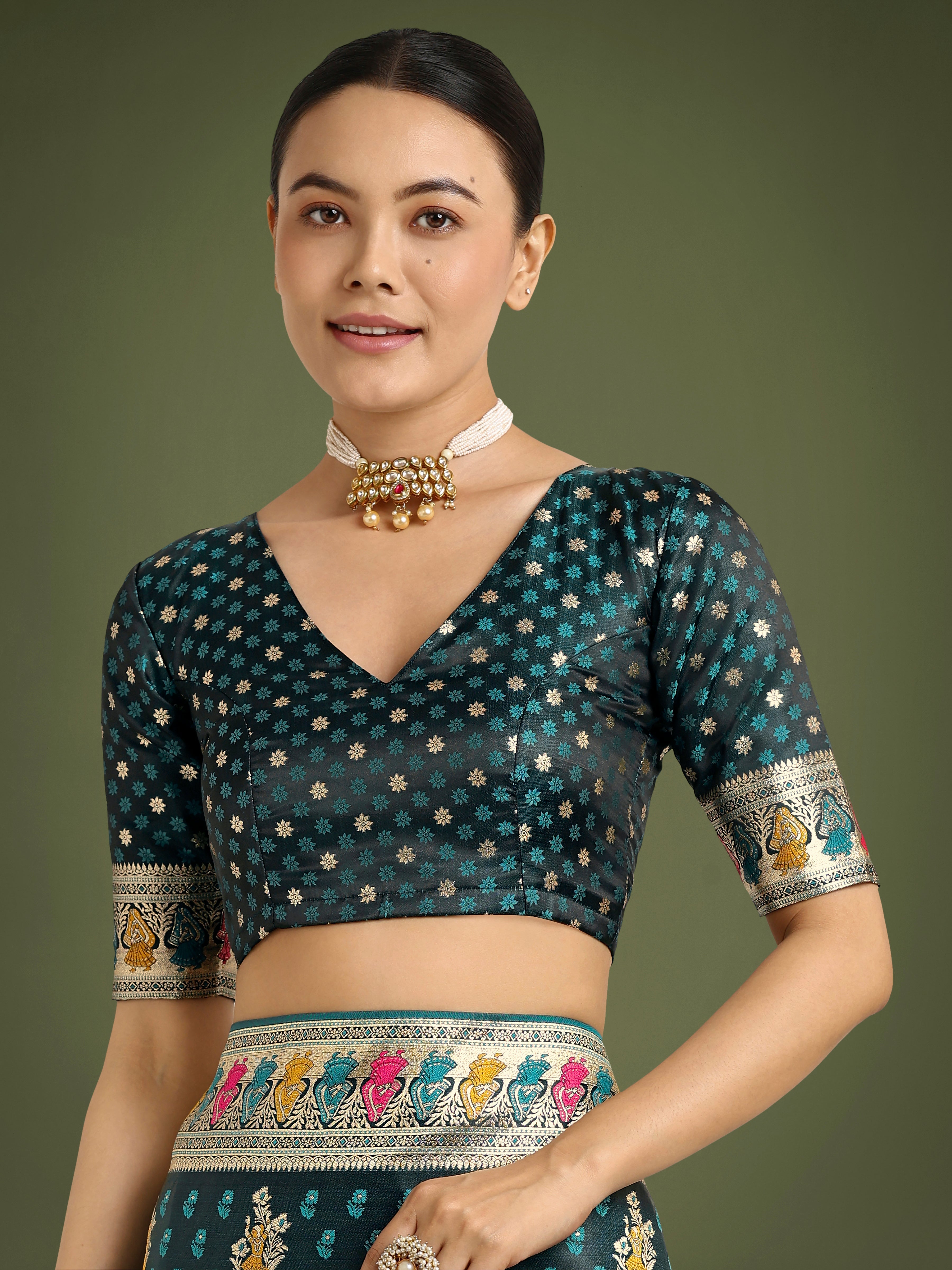 Monjolika Fashion Teal With Gold Bordar Banarasi Zari Woven Satin Saree | Grocsy
