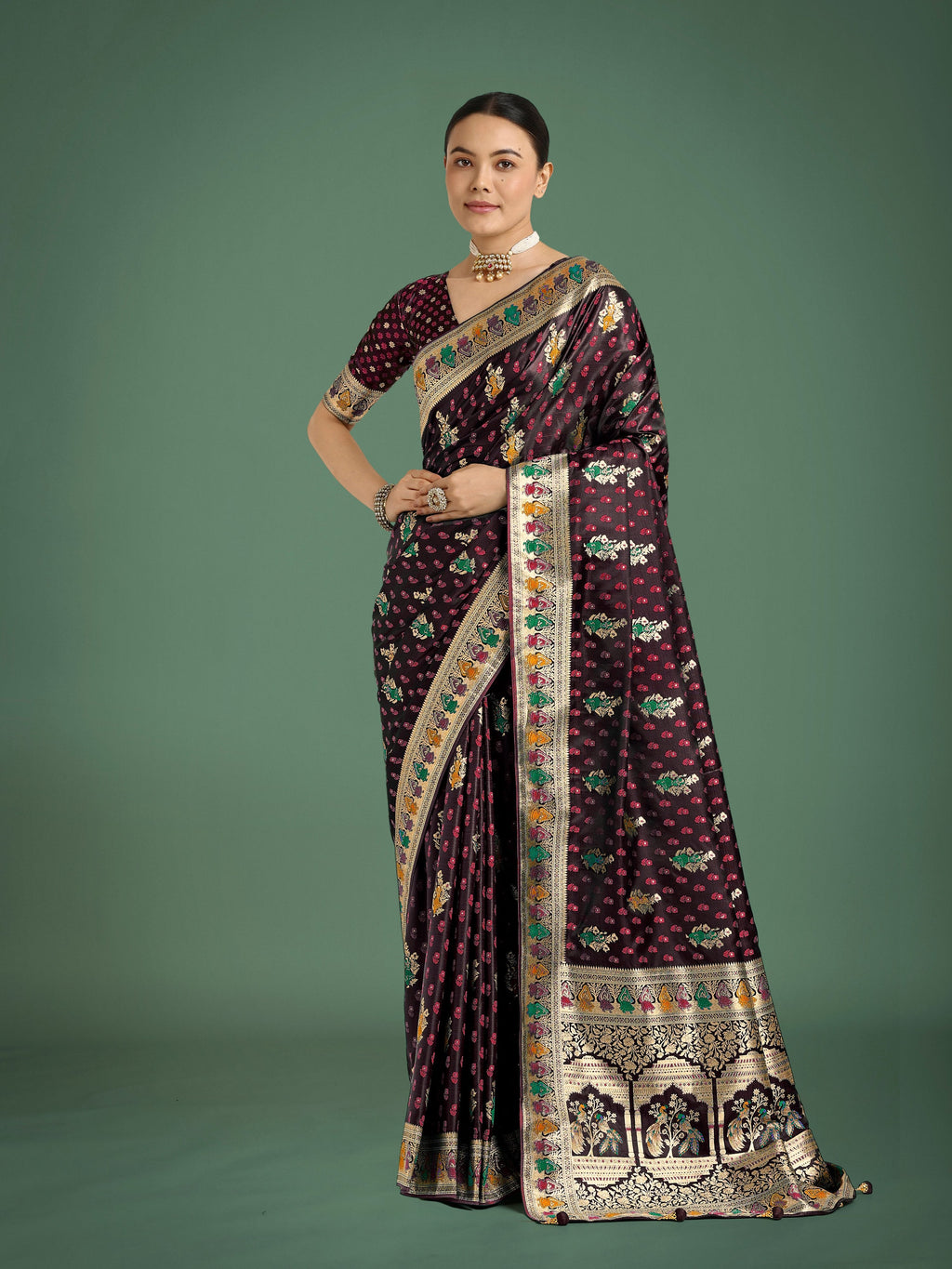 Monjolika Fashion Maroon With Gold Bordar Banarasi Zari Woven Satin Saree | Grocsy