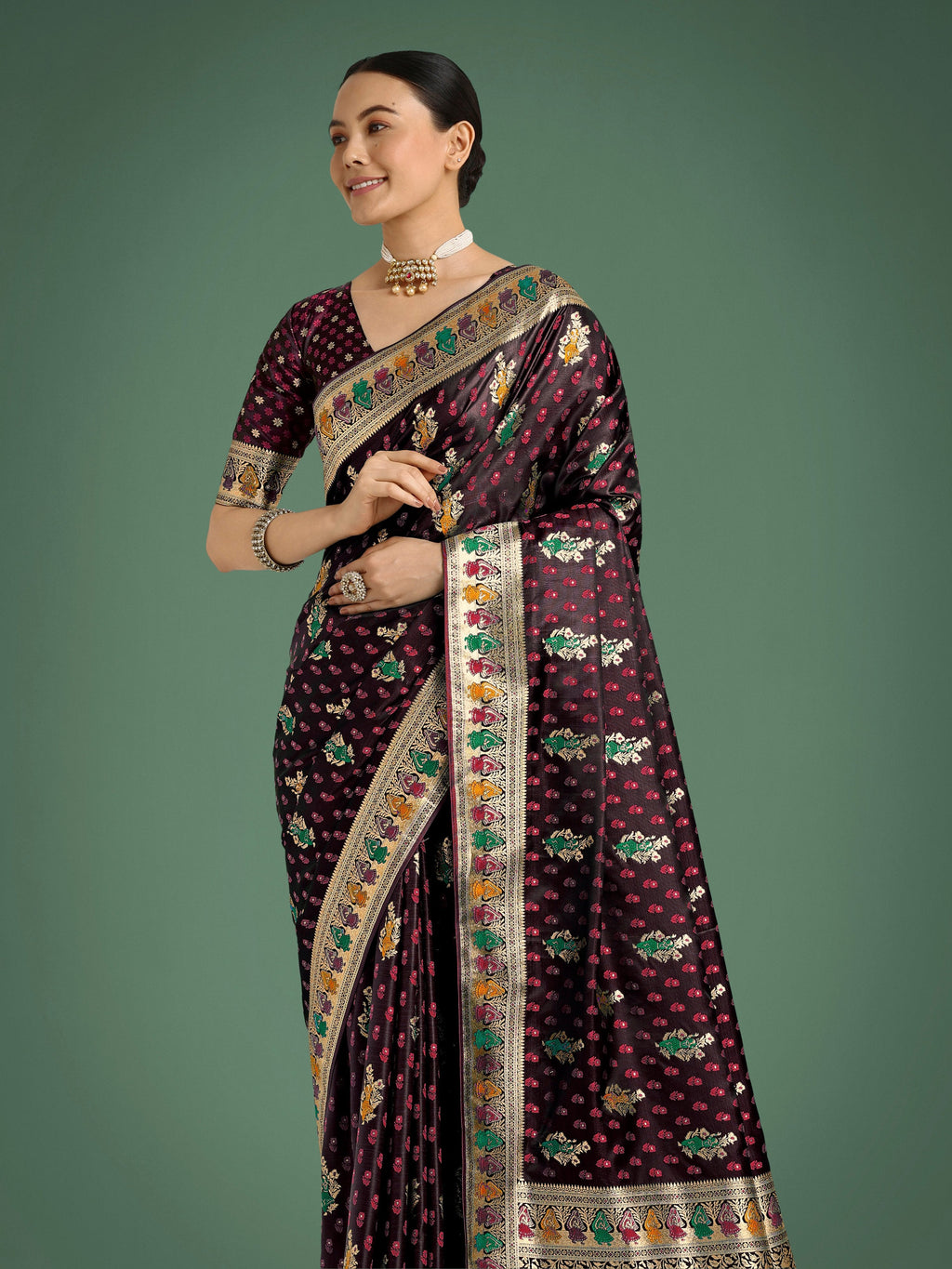 Monjolika Fashion Maroon With Gold Bordar Banarasi Zari Woven Satin Saree | Grocsy