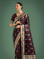 Monjolika Fashion Maroon With Gold Bordar Banarasi Zari Woven Satin Saree | Grocsy