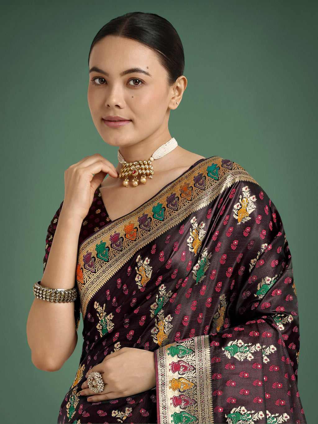 Monjolika Fashion Maroon With Gold Bordar Banarasi Zari Woven Satin Saree | Grocsy