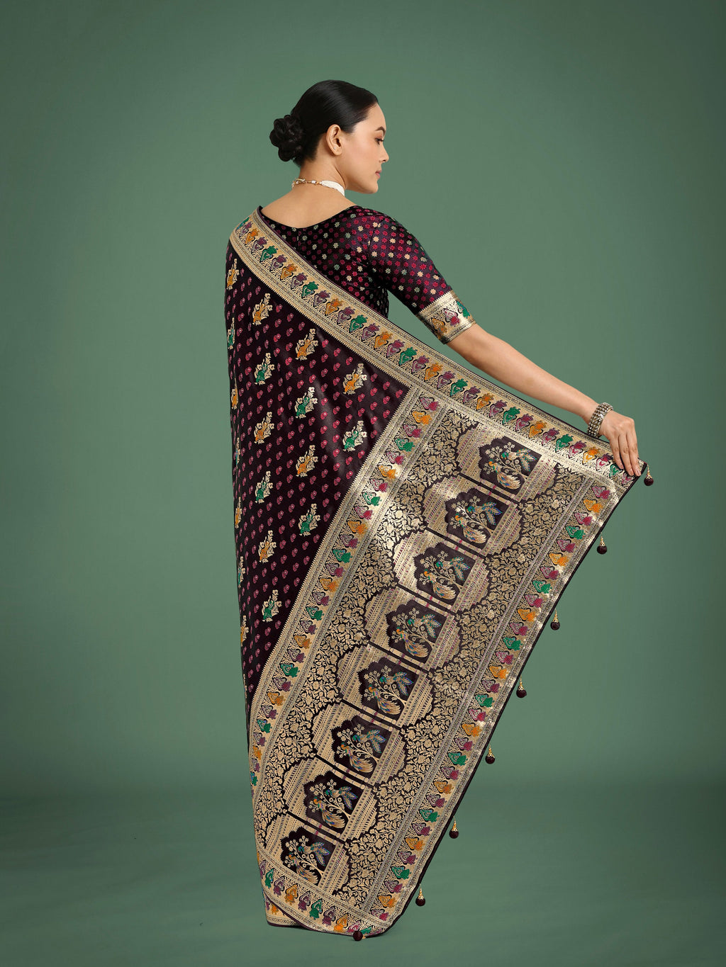 Monjolika Fashion Maroon With Gold Bordar Banarasi Zari Woven Satin Saree | Grocsy