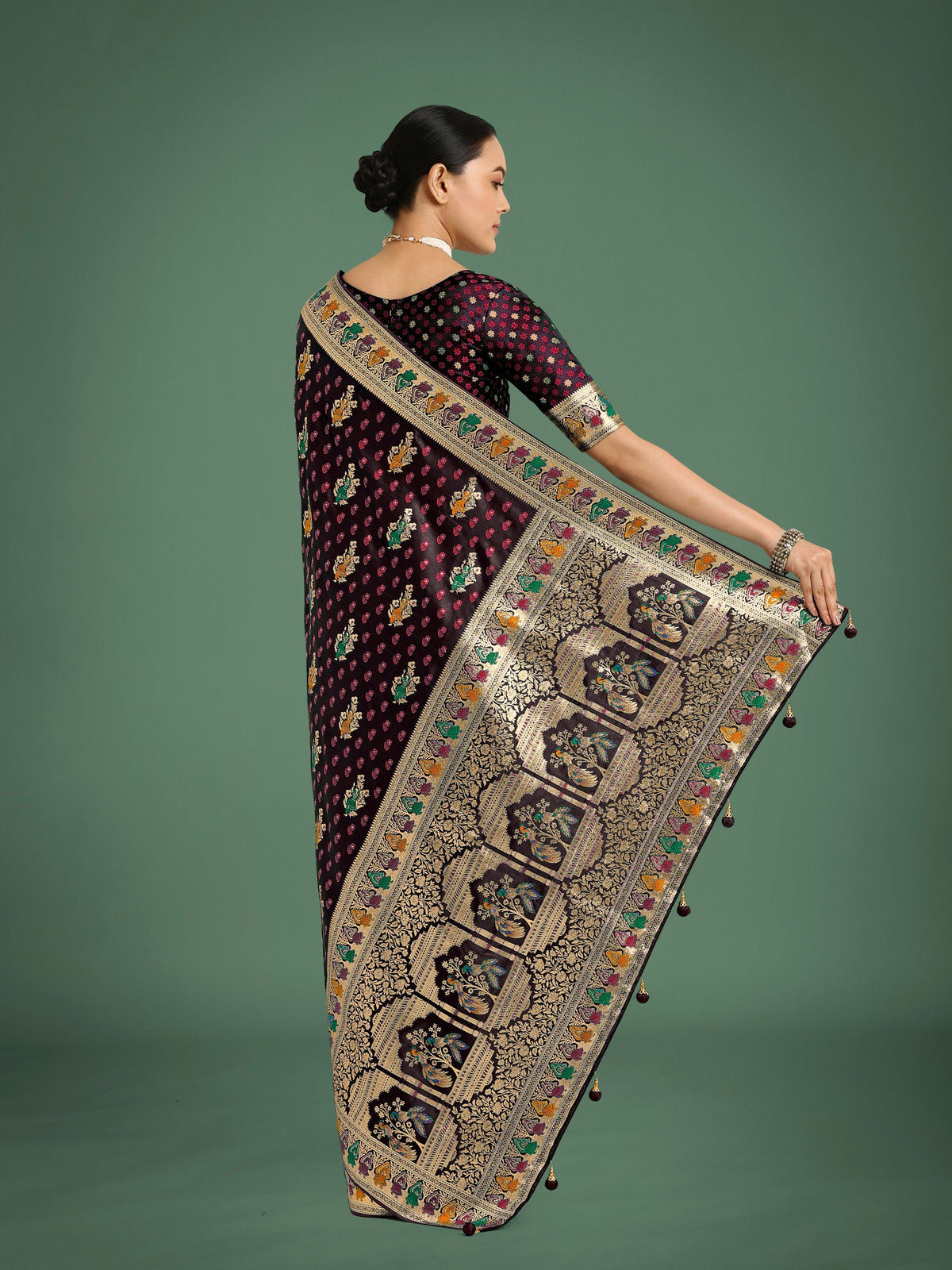 Monjolika Fashion Maroon With Gold Bordar Banarasi Zari Woven Satin Saree | Grocsy