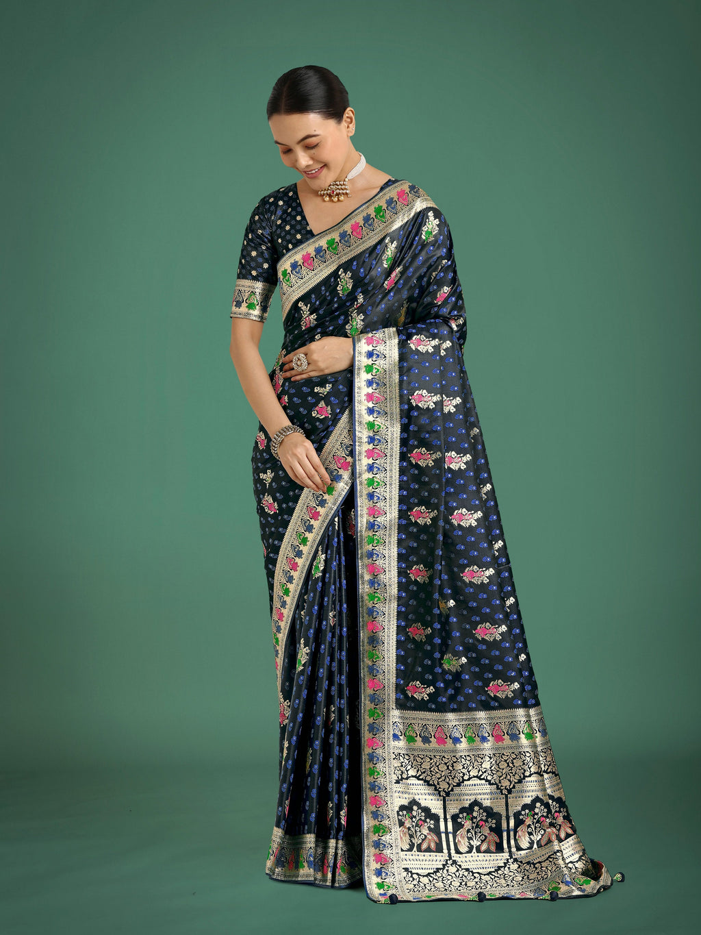 Monjolika Fashion Dark blue With Gold Bordar Banarasi Zari Woven Satin Saree | Grocsy