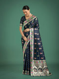Monjolika Fashion Dark blue With Gold Bordar Banarasi Zari Woven Satin Saree | Grocsy