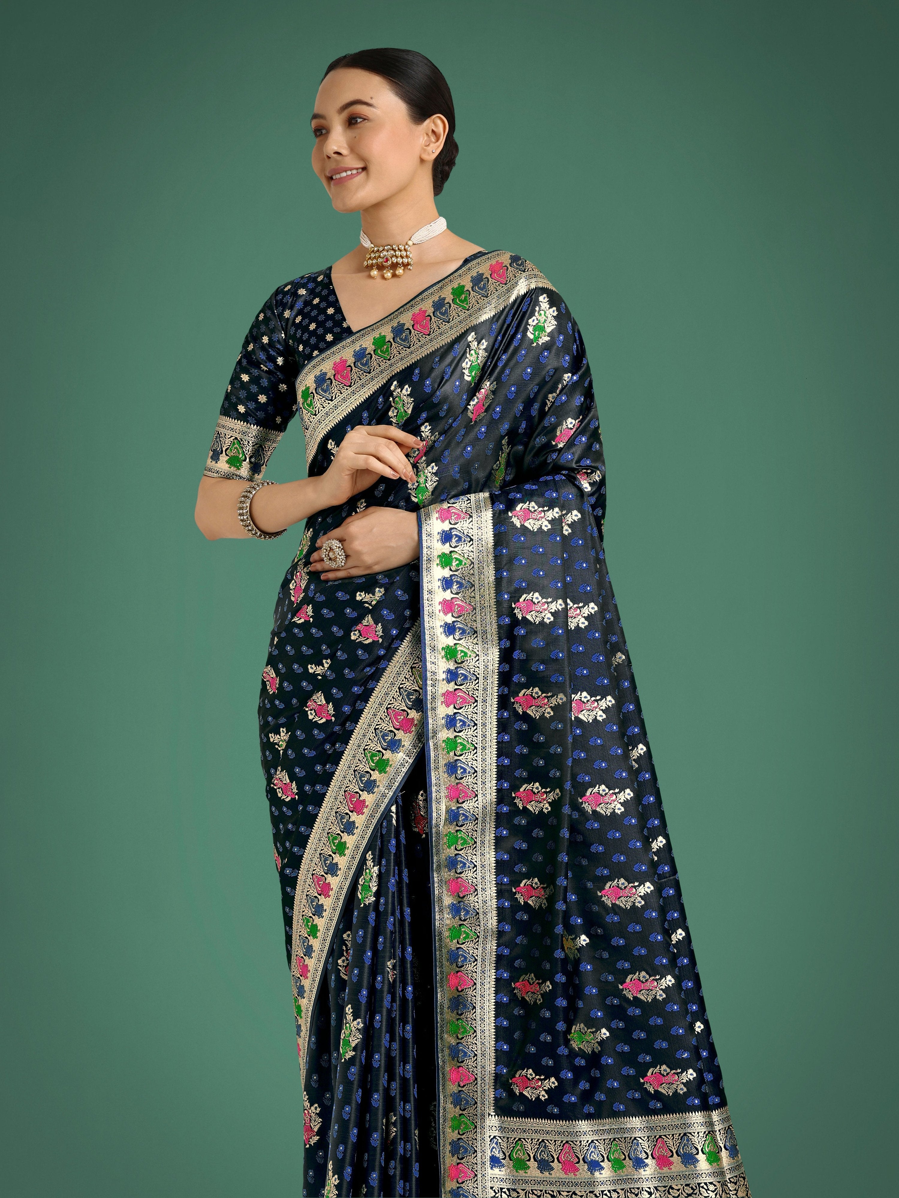 Monjolika Fashion Dark blue With Gold Bordar Banarasi Zari Woven Satin Saree | Grocsy