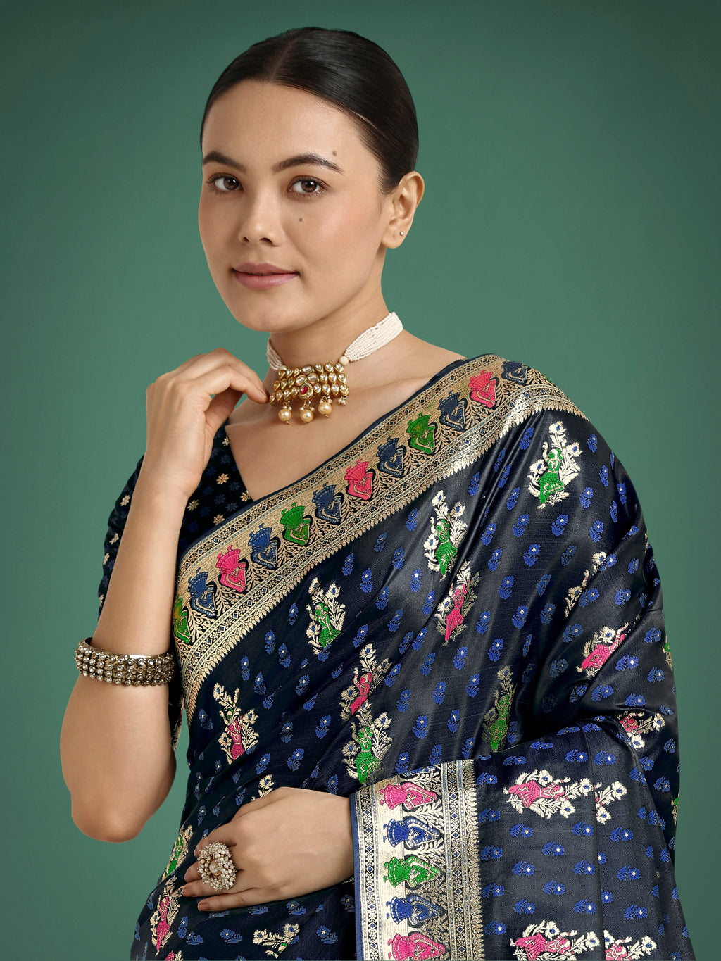 Monjolika Fashion Dark blue With Gold Bordar Banarasi Zari Woven Satin Saree | Grocsy